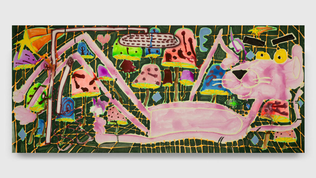 Katherine Bernhardt, Enoki, 2025, Acrylic and spray paint on canvas, 120 x 276 inches, 304.8 x 701 cm, signed, titled, and dated verso – BERKA0699. © Katherine Bernhardt. Courtesy the Artist, David Zwirner, and Canada.