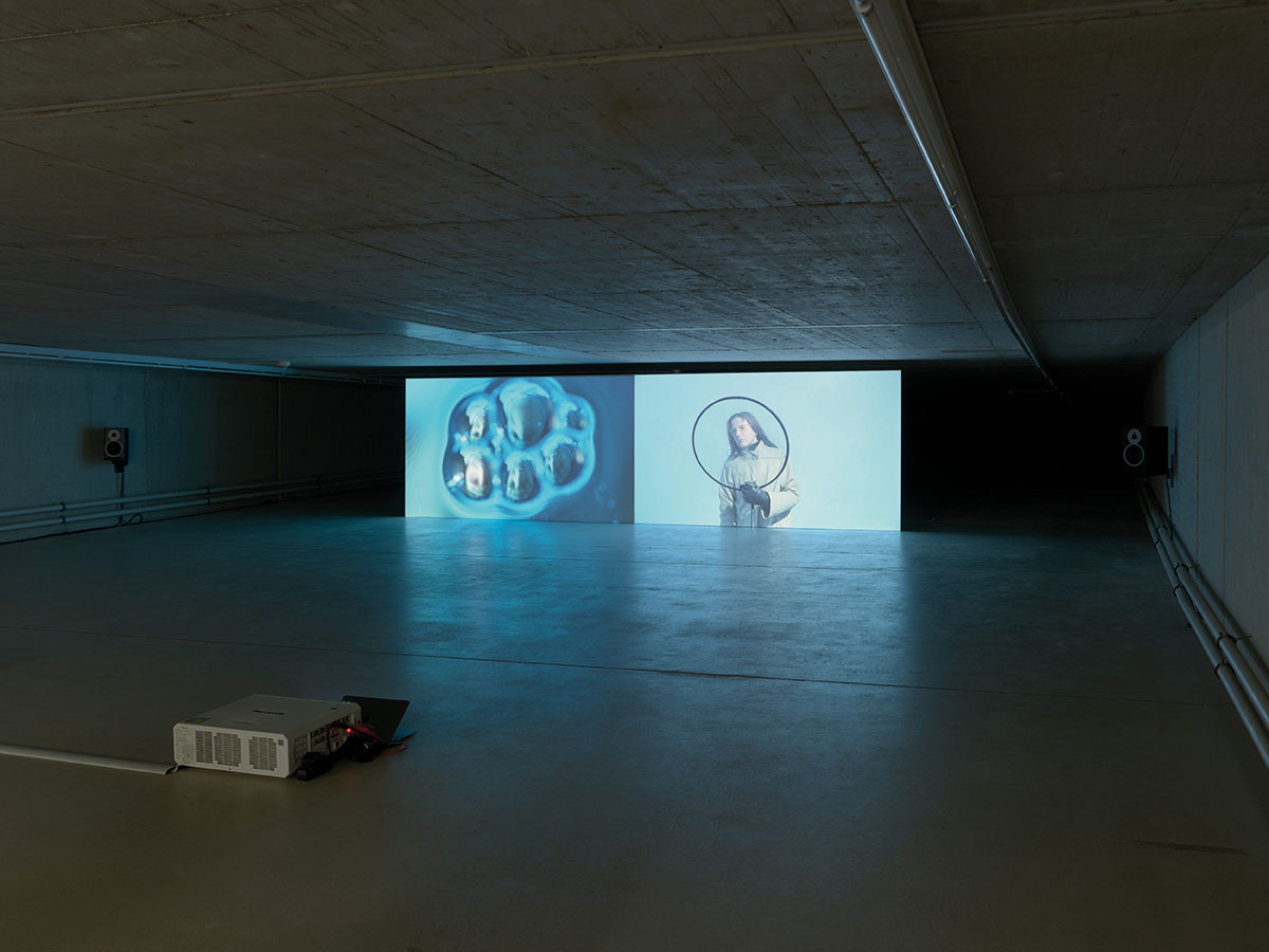 Installation view: Enya Burger, Notes on Fluid, 2026 Two-channel video projection, 10:33 minutes (loop). KIT – Art in the Tunnel, 2026. Photo: Ivo Faber
