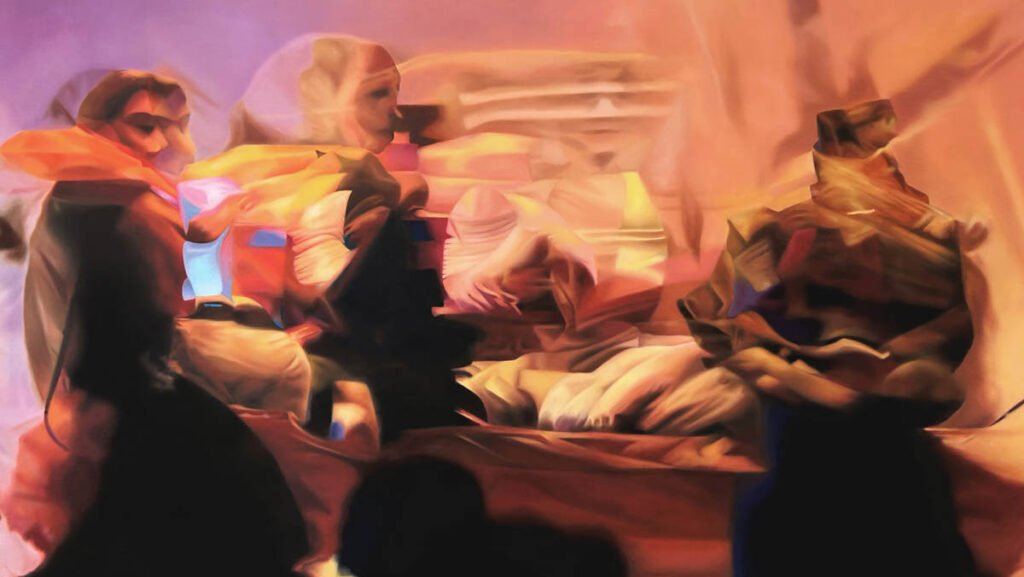 Rawan Almukhtar, Passing from the series HIJRA — Deframing Postmigration, oil on canvas, 2023, Courtesy Rawan Almukhtar