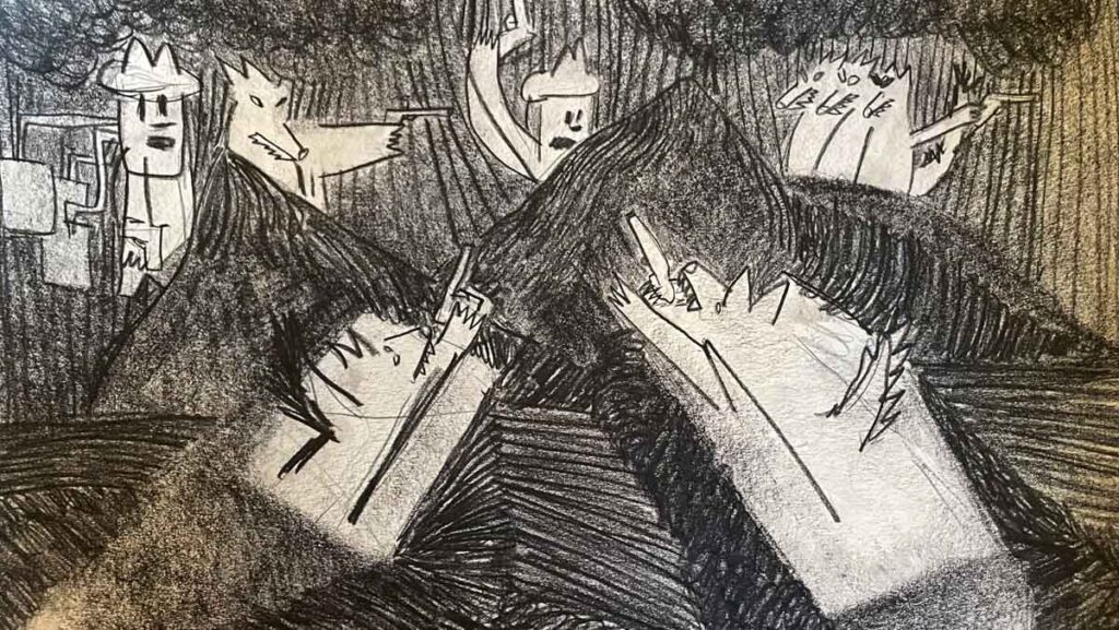 Lukas Soldo, ES MUSSTE KOMMEN UND DA WAR'S, 2023, Kohle und Bleistift auf Papier, 34 x 47,5 cm