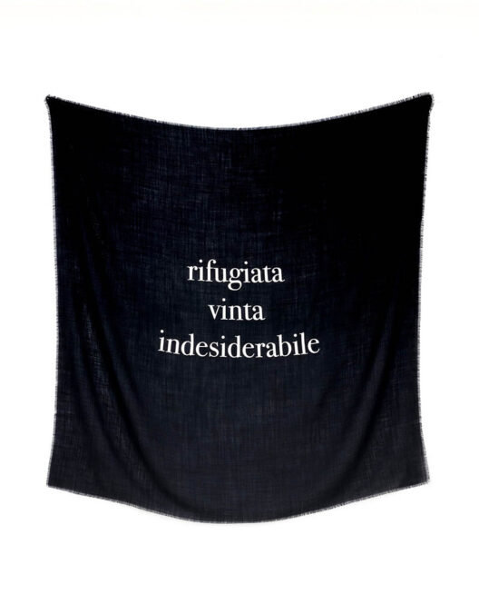 Maria Adele del Vecchio, Rifugiata, vinta, indesiderabile, 2020, vinyl print on shawl, cm 120 x 115. Courtesy of the artist and Galeria Tiziana Di Caro