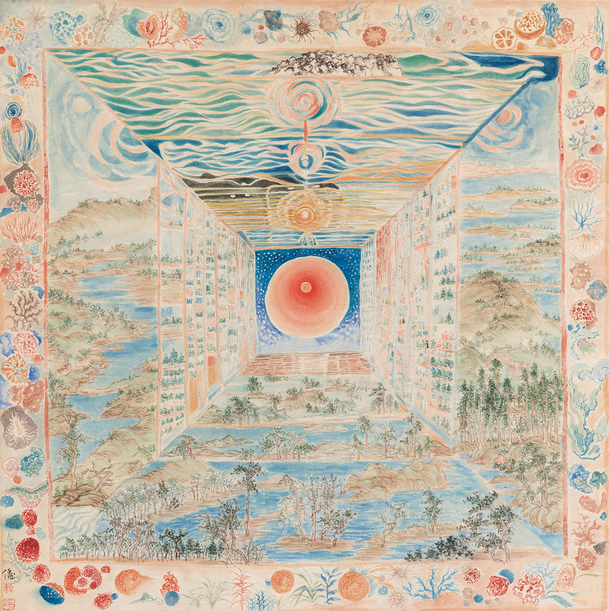 Fu Xiaodong, Solar System, 2024, Chinese ink on rice paper, 150 × 285cm; Pagoda No.10, 2026, Chinese ink on rice paper, 69 × 69 cm. Courtesy of Migrant Bird Space