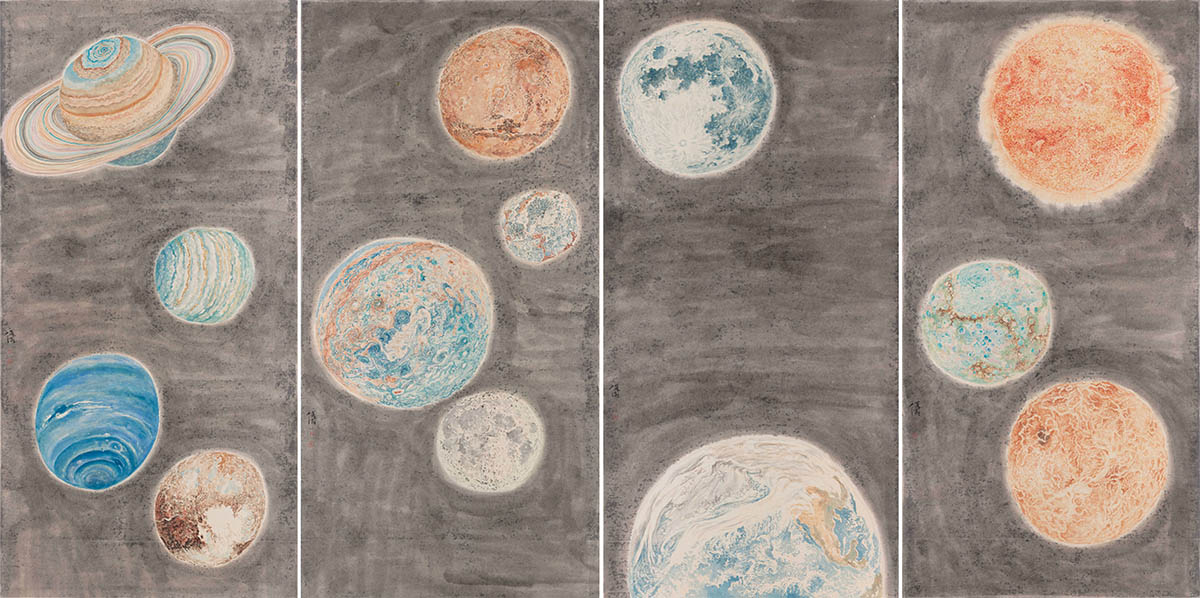 Fu Xiaodong, Solar System, 2024, Chinese ink on rice paper, 150 × 285cm; Pagoda No.10, 2026, Chinese ink on rice paper, 69 × 69 cm