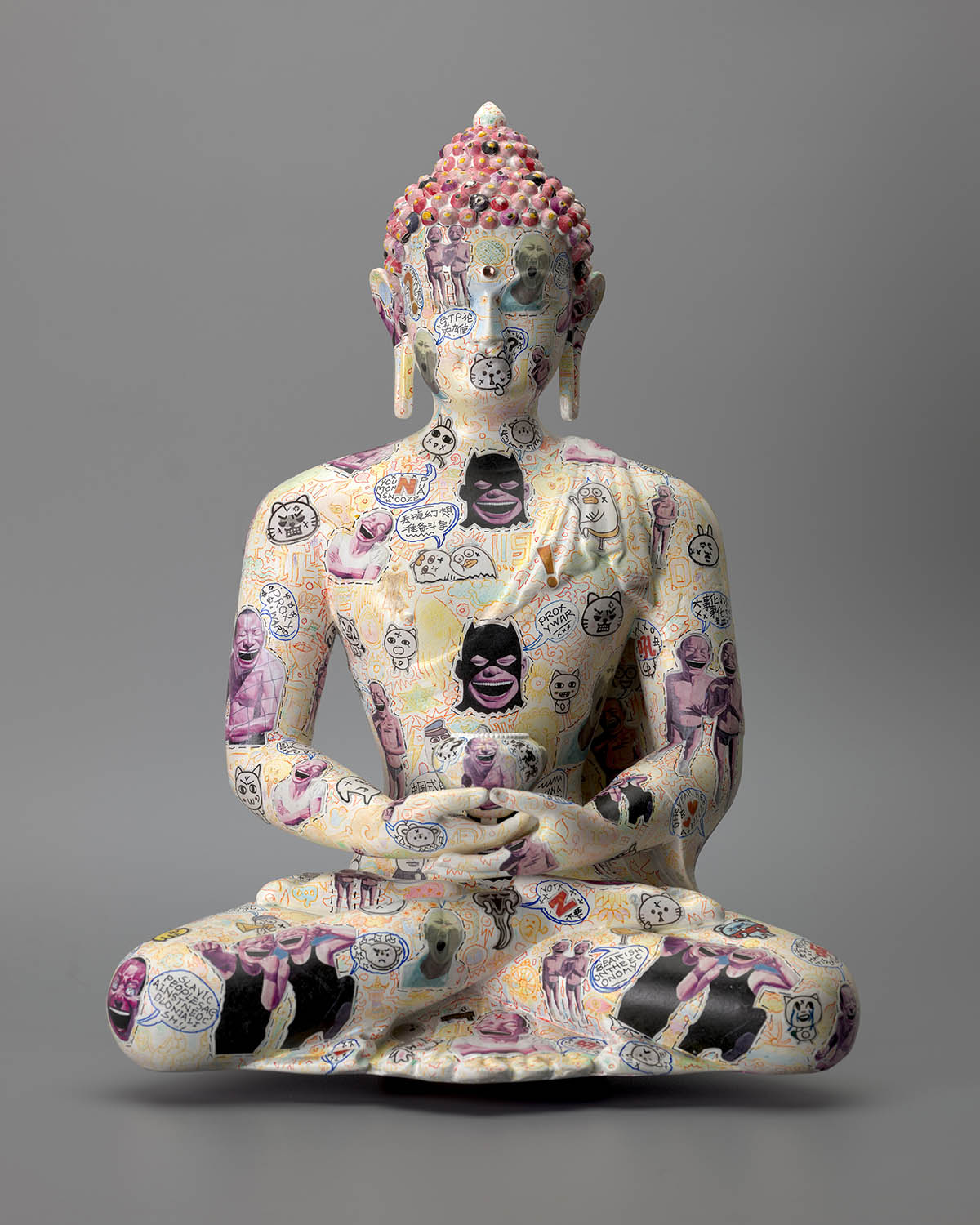 Gonkar Gyatso, Pay Tribute to the Masters ( Yue Minjun), 2022, Resin cast, mixed media sculpture with paper cut outs, stickers, paint and varnish, 38 × 30 × 30 cm