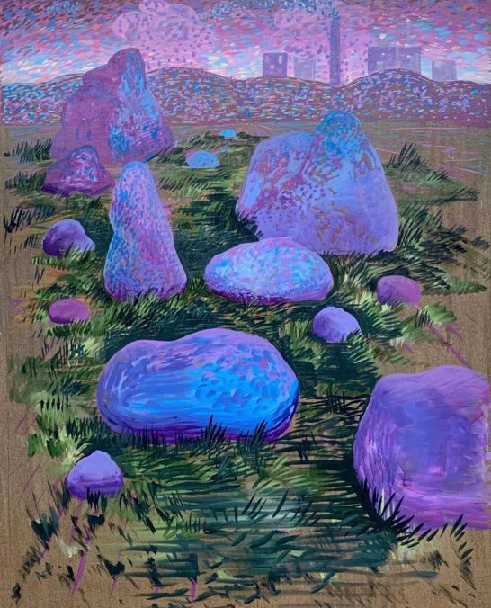Noah Becker, Landscape Near a Factory, 2021, 48 x 36 inches, acrylic on canvas