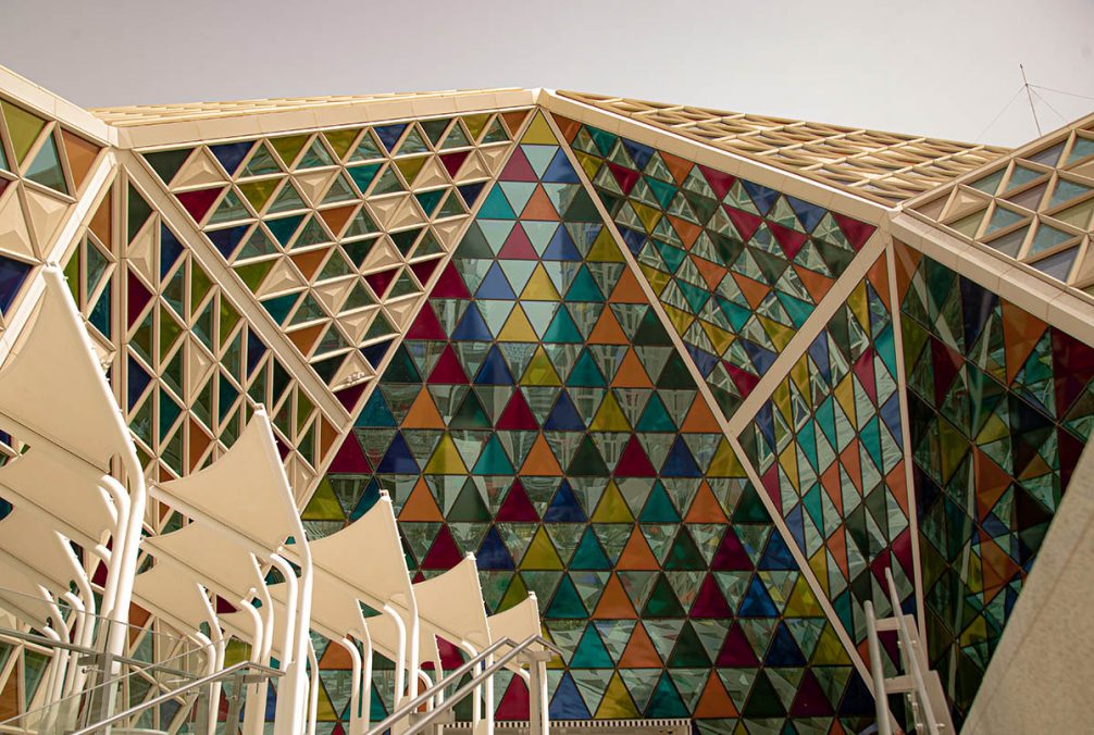 Daniel Buren Colored Triangles by Myriad, for Riyadh work in situ KAFD Conference Center, Riyadh, Saudi Arabia, 2020-2021 Auto-adhesive colored transparent vinyls Courtesy the artist and GALLERIACONTINUA Photo © Riyadh Art