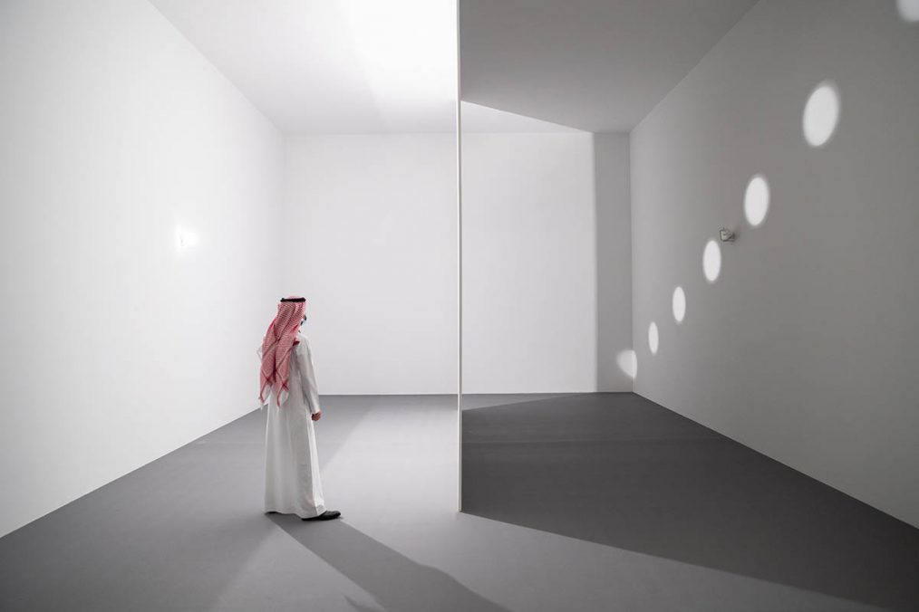 Nancy Holt, Holes of Light, 1973. Partition wall perforated with circles and electric light. Dimensions variable. Courtesy Dia Art Foundation with support from Holt-Smithson Foundation. Photo © Riyadh Art 2021