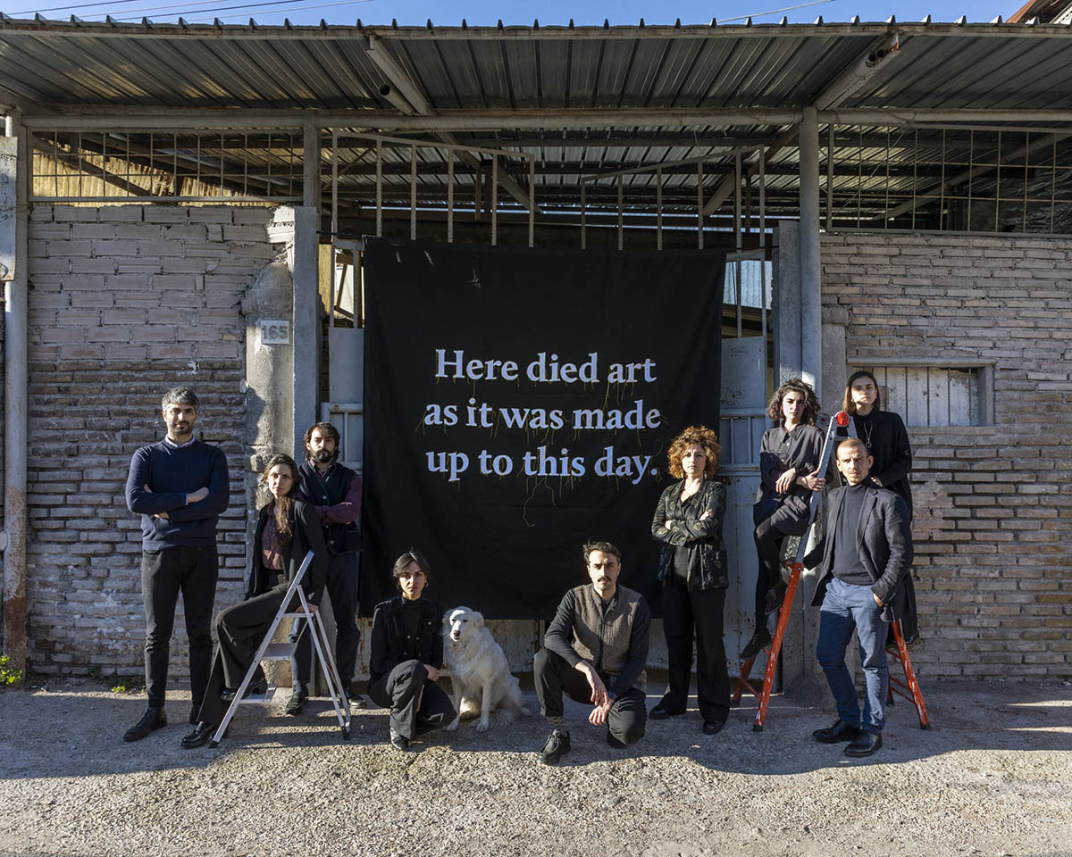 Portrait of Numero Cromatico in front of their project space in via dei Volsci 165 - Rome, photographed by Serena Eller Vainicher, 2022