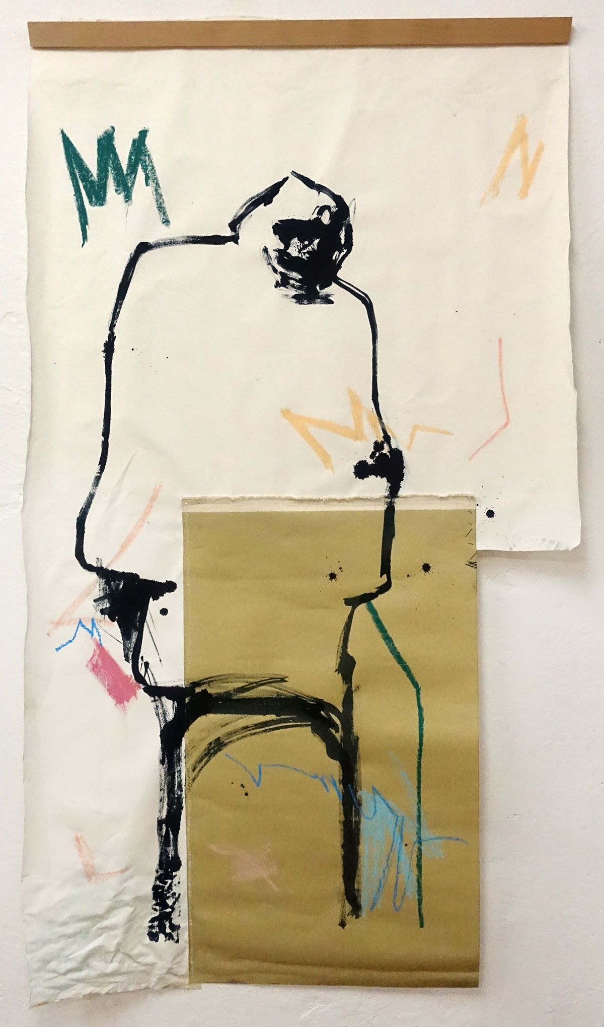 „he should...“ ink, oilpastel, canvas and wood, 220x110cm, 2019