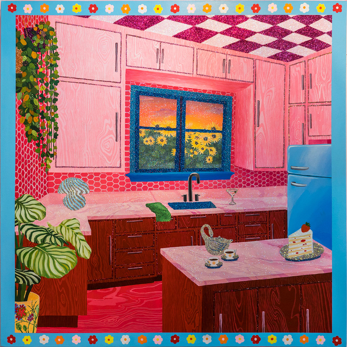 Southern Kitchen, 2020 Acrylic, glitter, and rhinestones on canvas 48 x 48 inches