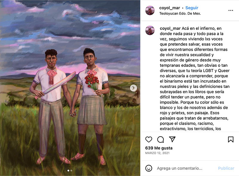 Mar Coyol, "Uniforme," 2023, oil on cloth, with the painter's Instagram description @coyol_mar