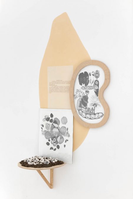 Zsófia SZEMZŐ_Leguminosae futurum, the everlasting touch base_2021, graphite on paper, glazed ceramic, plywood, soil, stickers, mural,120 x 120cm..