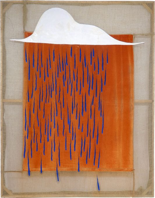 Jack Sommerville, A Cloud bursting (3), 2020, Oil paint on hessian and sun bleached velvet 295 x 237 cm