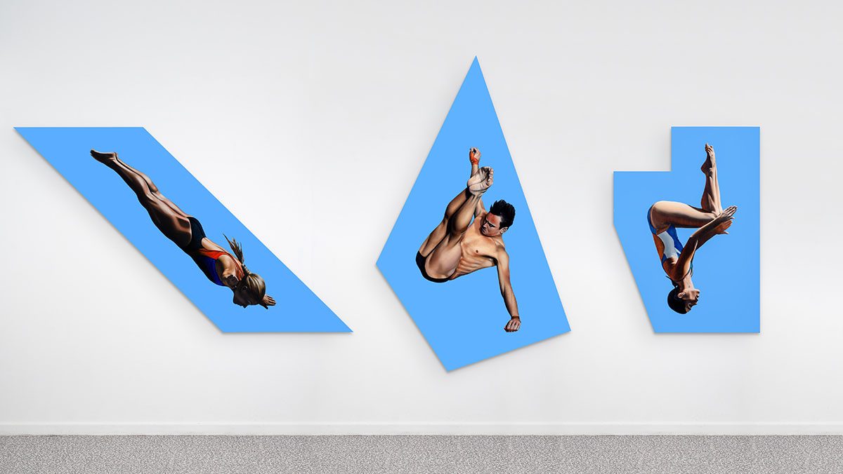 From left to right: Thorben Eggers, Turm 3, oil on canvas, 125 x 207 cm, 2018 | Turm 2, oil on canvas, 195 x 125 cm, 2018 | Turm 1, oil on canvas, 143 x 100 cm, 2018. Studio Düsseldorf, Photo: Thorben Eggers