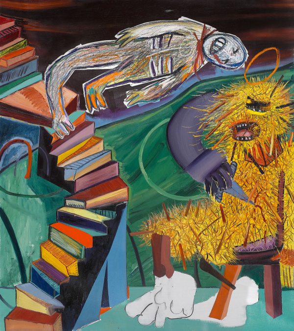 Tincuta Marin - St Bigfoot and the Staircase (after Duchamp’s Nude Descending a Staircase), 204,5x197cm, oil on canvas, 2020, courtesy Jecza Gallery Spark stand P1 