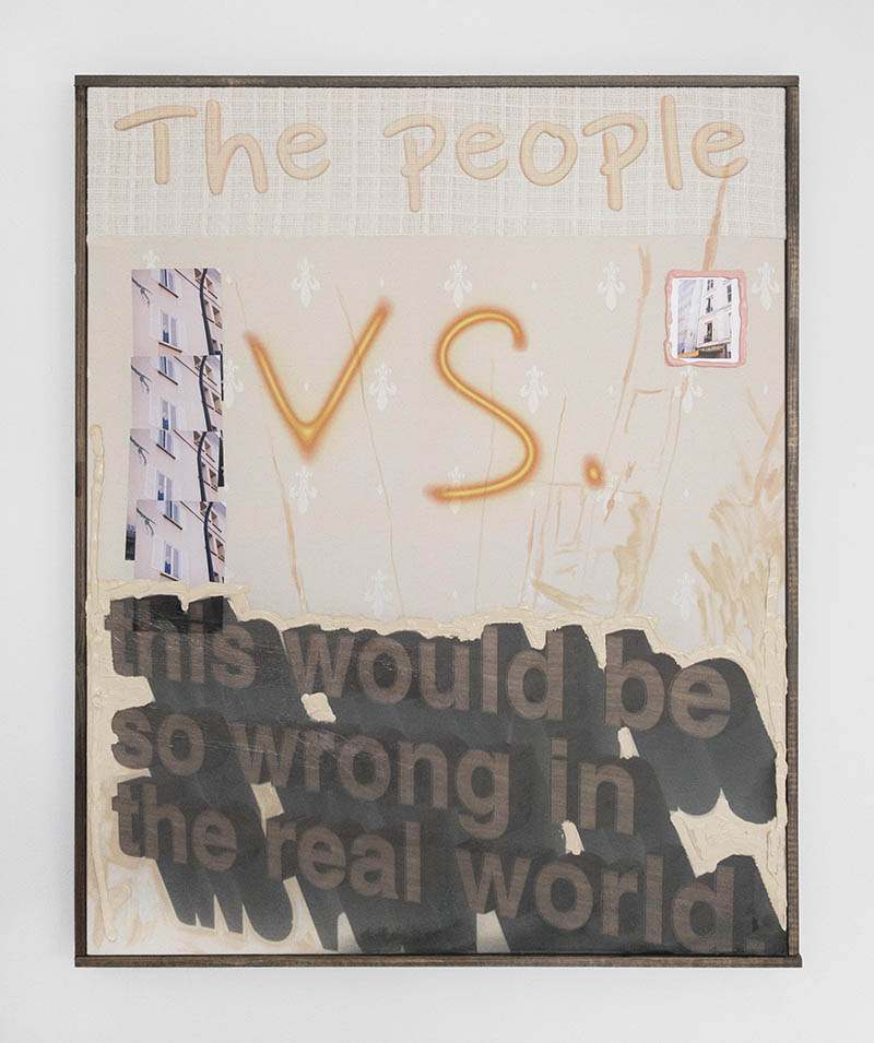 Left: Anna-Sophie Berger, Grace, steel coals, 2017 , 40x40x40 cm. Right: Philipp Timischl - The people VS. this would be so wrong in the real world - Acrylic paint, UV-Direct print and photos on fabrics; stained wooden frame - 2020 - 100x80 cm.