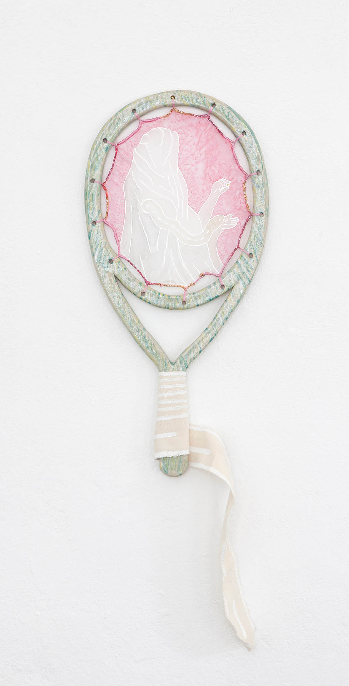 beyond the racked veil, 2021, underglaze-paint on stoneware, silk paint on silk and acrylic on fabric, 40 x 20 cm