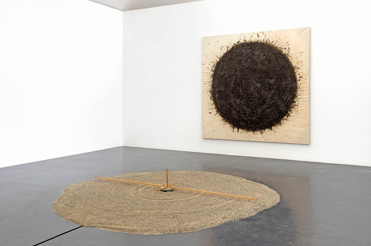Günther Uecker, Aschestelle – Letter to Beijing, 1994, glue and ash on canvas, 300 x 300 cm. Exhibition view: 40 Years Walter Storms Galerie. Photo: Philipp Schönborn
