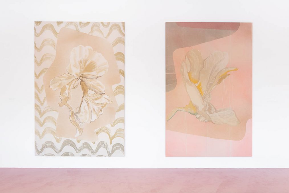 Installation view: Matthew Lutz-Kinoy. Window to The Clouds; Salon Berlin, Museum Frieder Burda Matthew Lutz-Kinoy, Window to Rio, 2020. Acrylic on canvas, 170 × 255 cm; Lectures of Burle Marx, 2020, Acrylic and charcoal on canvas, 160 × 255 cm. Courtesy of the artist and Mendes Wood DM São Paulo, New York and Brussels; Photo: Thomas Bruns