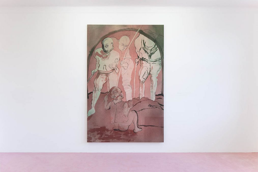 Installation view: Matthew Lutz-Kinoy. Window to The Clouds; Salon Berlin, Museum Frieder Burda Matthew Lutz-Kinoy, Thunberg Greets The Nations, 23 September 2019, 2019. Acrylic on canvas, 260 × 170 cm. Courtesy of the artist and Collection Mario Testino; Photo: Thomas Bruns