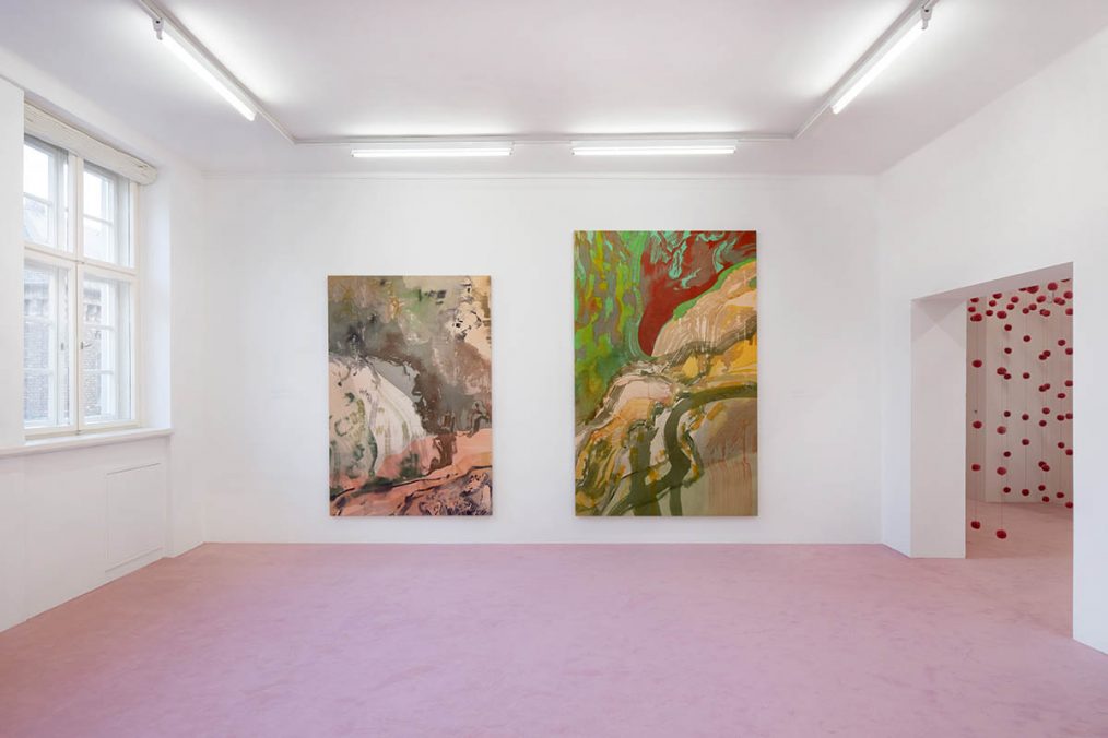 Installation view: Matthew Lutz-Kinoy. Window to The Clouds; Salon Berlin, Museum Frieder Burda Matthew Lutz-Kinoy, Vue du torrent du Valentin dans le parc des Buttes Chaumont au sud, 2020. Acrylic on canvas, 197 × 138 cm; Capriccio à Paris, 2020. Acrylic on canvas, 160 × 250 cm. Courtesy of the artist and Mendes Wood DM São Paulo, New York and Brussels; An opening of the field, 2020. Wool. Courtesy of the artist; Photo: Thomas Bruns